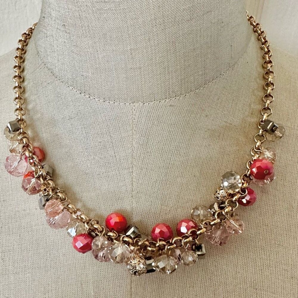 LOFT Necklace Boho Pink Cluster Beaded Bib   Gold Tone necklace